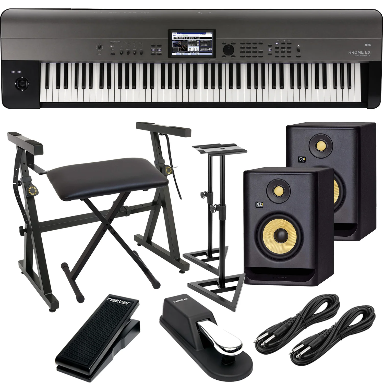 

95%Big Discount Sales Korg Krome EX 88 – Music Workstation, (2) KRK RP5G4 Monitors, Monitor Stands, Plixio Stand, Bench, Sustain