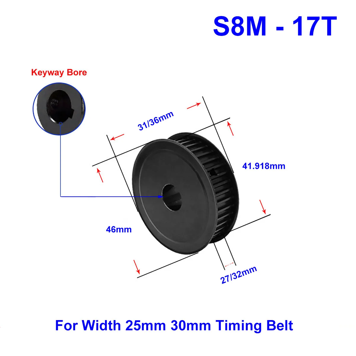 

45# Steel Timing Pulley S8M-17Teeth Keyway Bore 8mm~20mm Synchronous Pulley Wheel For Width 25 / 30mm S8M Rubber Timing Belt