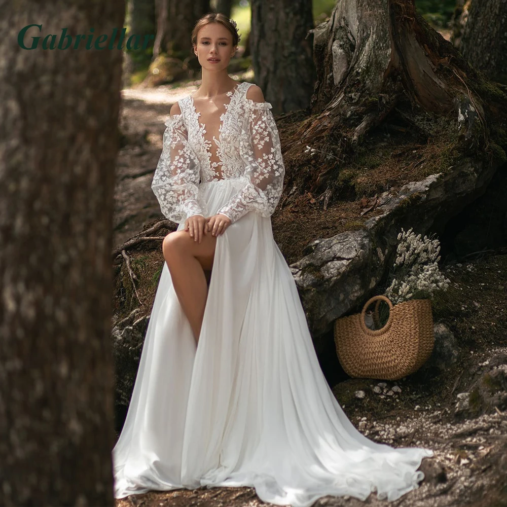 

Gabriellar Exquisite Chiffon Wedding Dresses Scoop Appliques Fullsleeve Slit Wedding Gown Vestido De Casamento Personalised