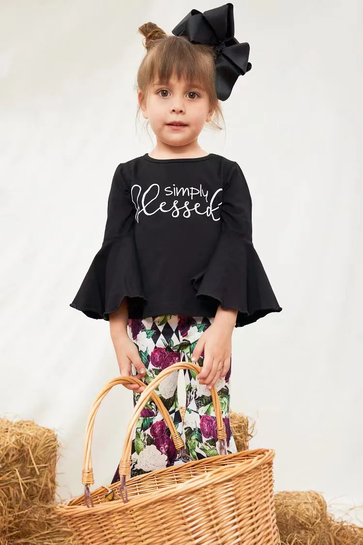 

Girlymax Fall Baby Girls Ruffles Bell-bottoms Pumpkin Floral Cow Sequins Hoodie Flare Boutique Outfits Pants Set Kids Clothing