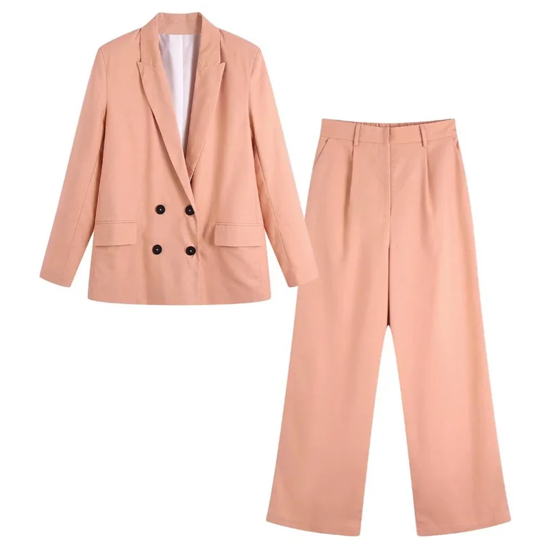 

PB&ZA 2022 Summer New Women's Double-breasted Linen Loose Silhouette Suit Jacket Wide-leg Commuter Trousers Two-piece Set