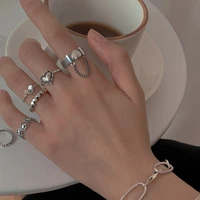 korean punk love heart ring set for women silver color tassel chain geometric zircon knuckle finger ring goth jewelry gifts