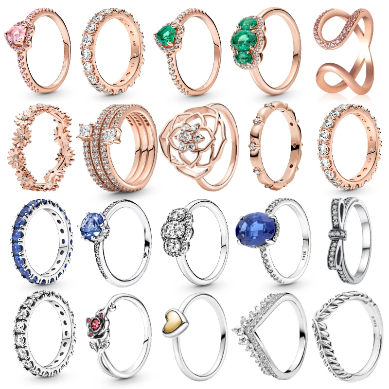 Rings For Women 925 Silver Wholesale Popular Blue Crystal Golden Heart Blossom Flower Rings Wedding Party Rose Gold Jewelry