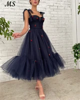 ms fairy evening dresses black tulle with cherry bow strap tea length short prom gown vestido de festa for teen girls gradution