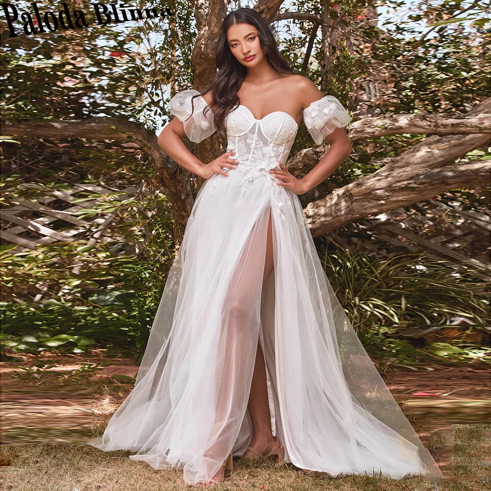 

Paloda Modern Lacing Up Wedding Gown For Bride High Slit Detachable Short Puff Sleeves Sweetheart Tulle Court Train Appliques