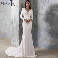 v neck mermaid wedding dresses long sleeve simple for women brides beading elegant satin floor length summer robe de mari%c3%a9e
