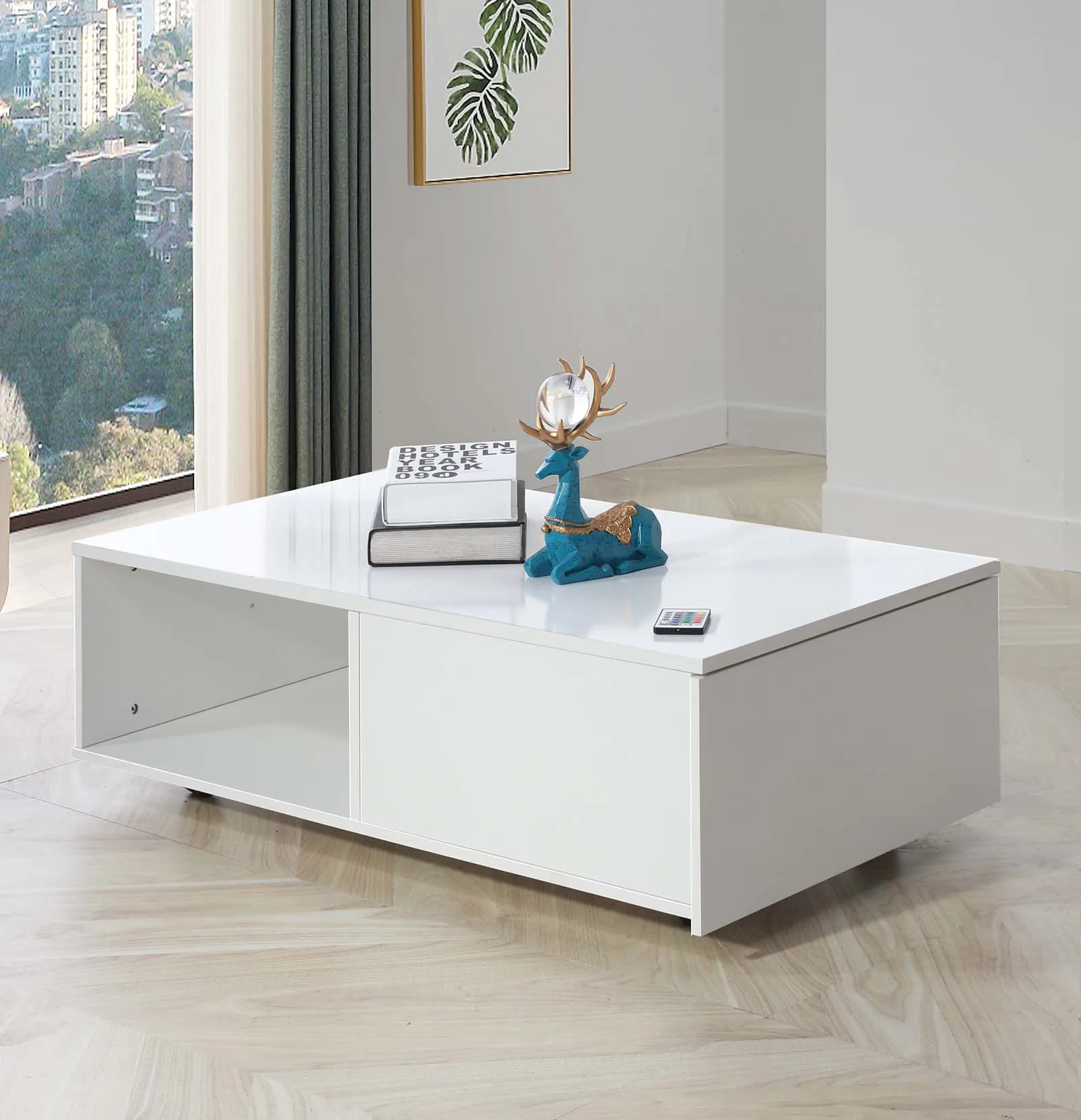 

[Flash Sale]Wooden LED Coffee Table White Center Table with 1 Drawer & 4 Wheel 95x55x31CM[US-Stock]