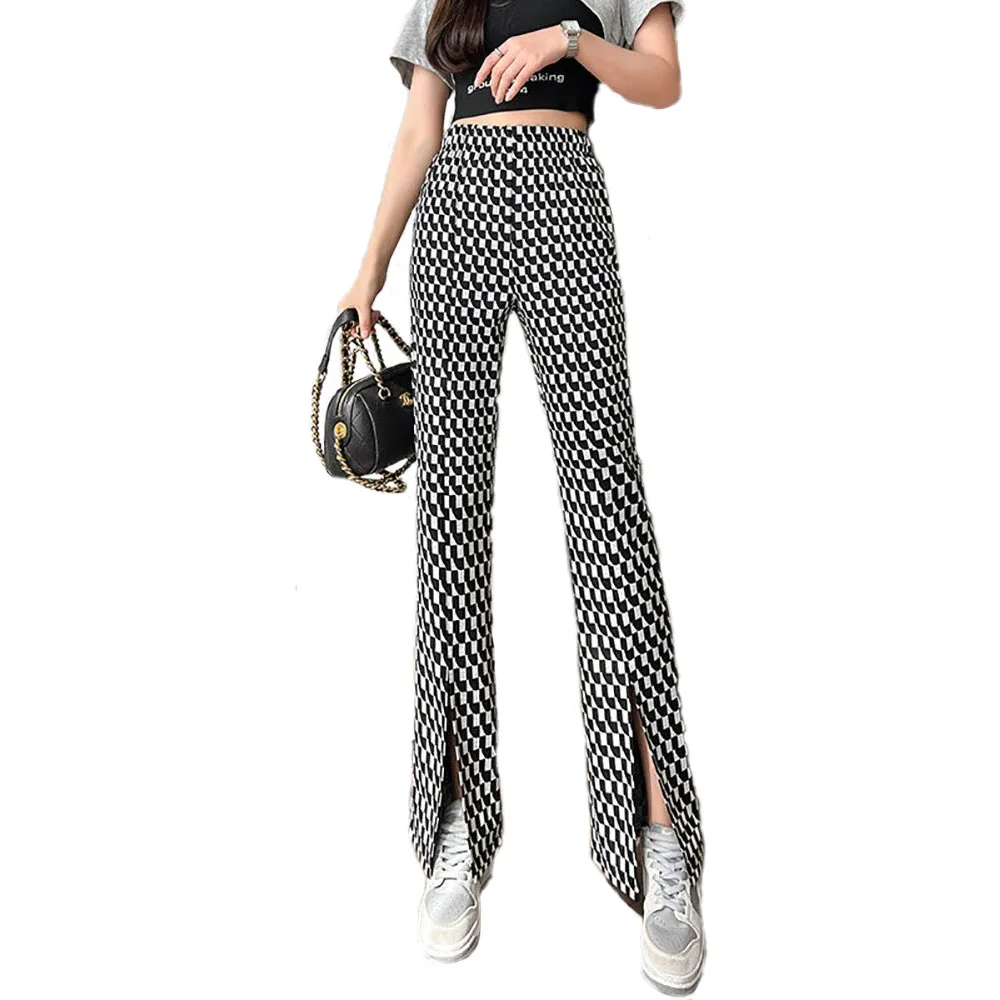 

Summer Plaid Flare Pants For Women Side Split Fashion Eesthetic Bodycon High Waist Women Trousers Streetwear Female Pant