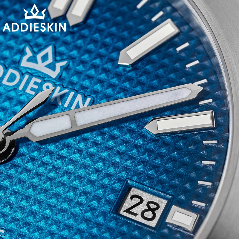 Фото Мужские наручные часы ADDIESKIN K004 с ультратонким синим циферблатом 39 мм, водонепроницаемостью 100 м, градиентным вафельным узором, люминесцентным покрытием BGW9, автоматическим механизмом Miyota 9015, для активного отдыха на природе. №1