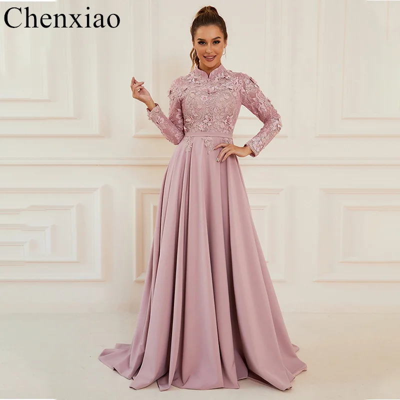 

Pink Elegant Evening Dresses Long Lace A-Line robe de soiree Sleeveless Backless Floor-Length High Side Slit Long Sleeves