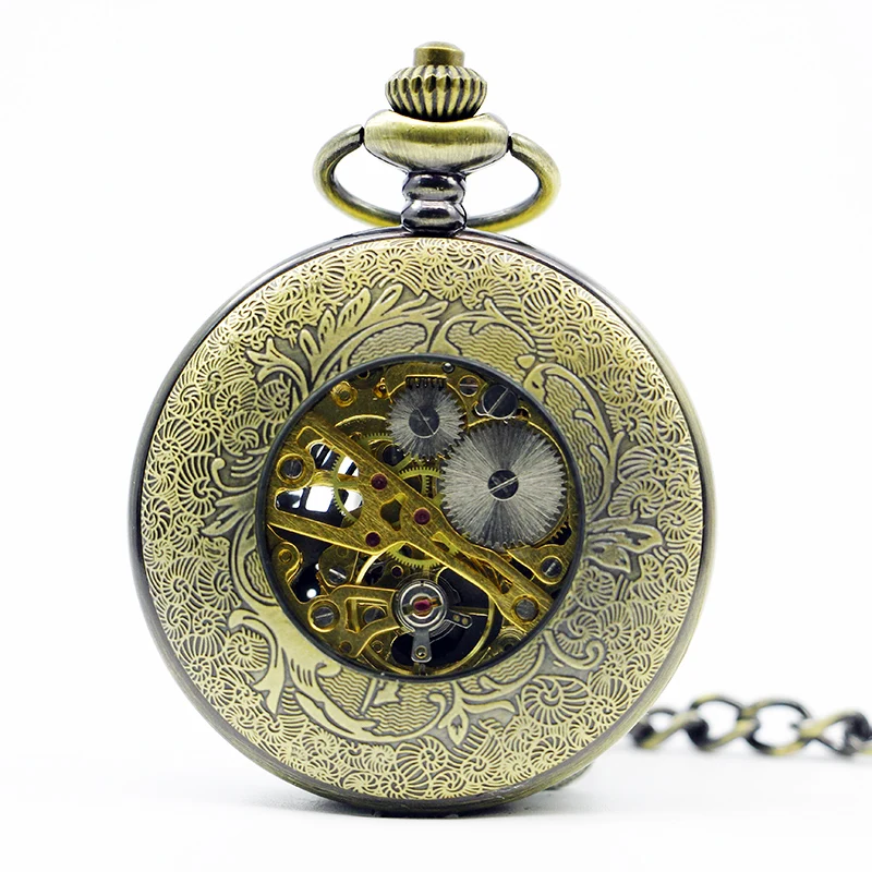 Retro Skeleton Gear Pocket Watches Mechanical Hand-winding Mens Steampunk Chain Fob Watches Gift Clock relogio masculino