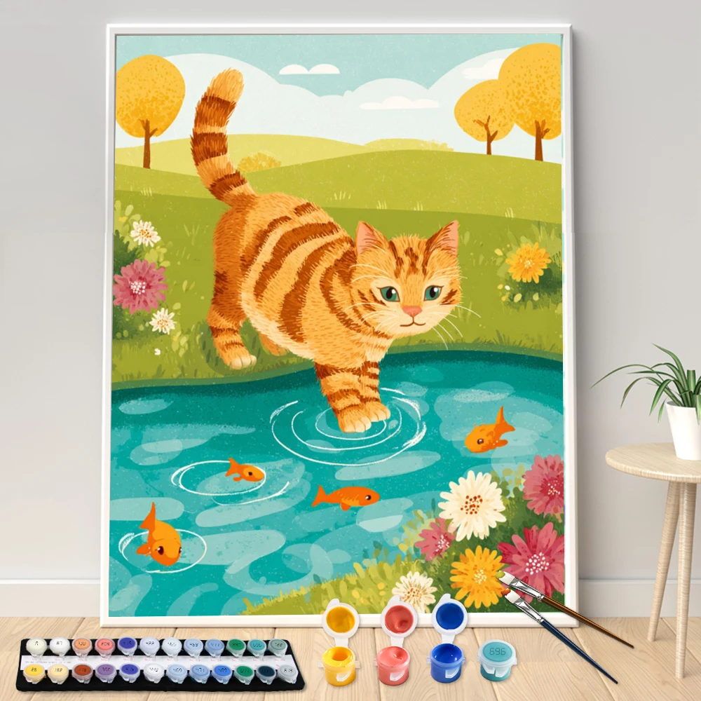 Фото Набор для цифровой акриловой живописи DIY: Оранжевый кот, играющий в воде. Холст для ручной росписи, декор для дома, персонализированный подарок-сюрприз. №1