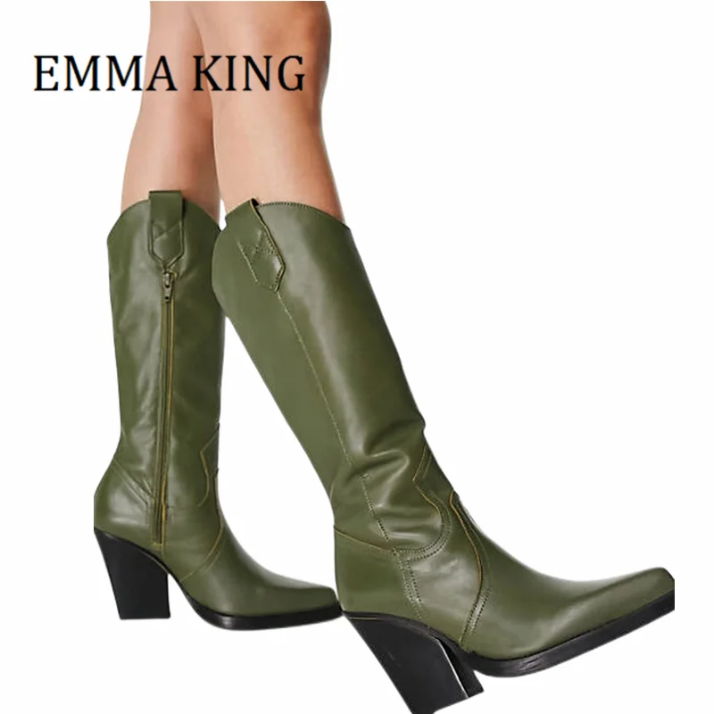 

Женские ковбойские сапоги до колена в западном стиле, сапоги на толстой танкетке из искусственной кожи, женские рыцарские сапоги с боковой молнией, женская зимняя обувь