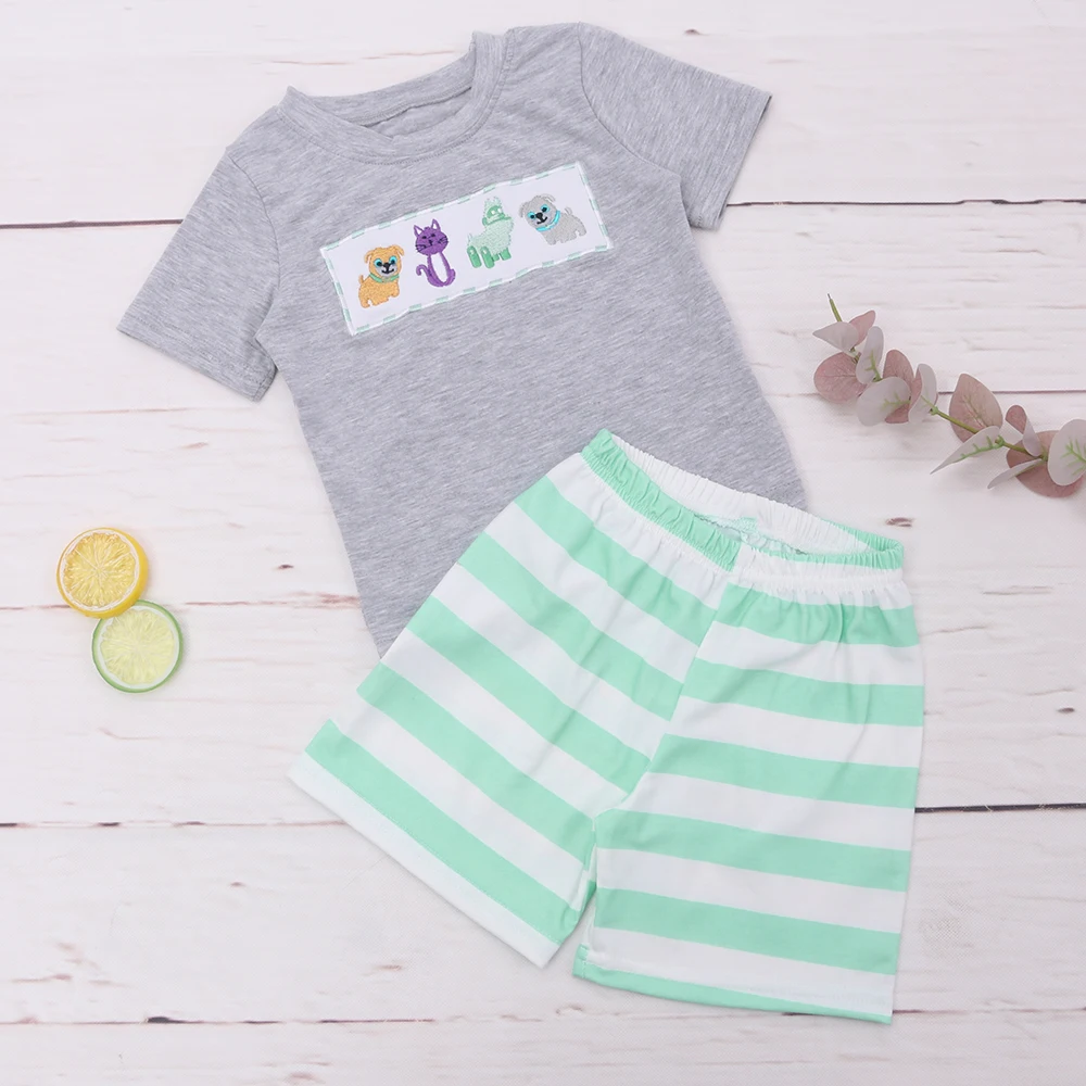 

1-8T Grey Babi Outfits Baby Boy Cotton Easter Clothes Set Animal Embroidery Bodysuit Toddler Puppy Sleeve T-shirt Stripe Shorts