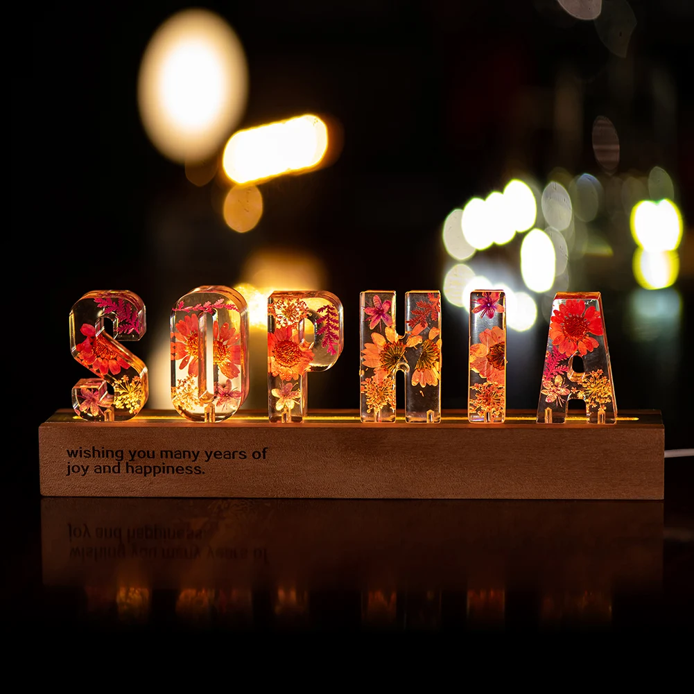 

Personalized Custom Dried Flower Resin Letter Light Home Decor USB LED Wooden Night Light Ornament Anniversary Gift Decoration