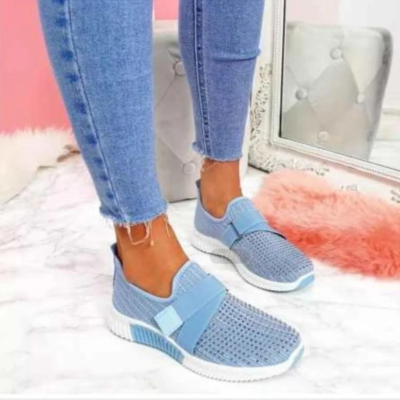 Platform Women Rhinestone Loafers Mesh Comfy Soft Rubber Sole Slip-On Flat Sneakers Woman Vulcanization Shoes 2023 Summer