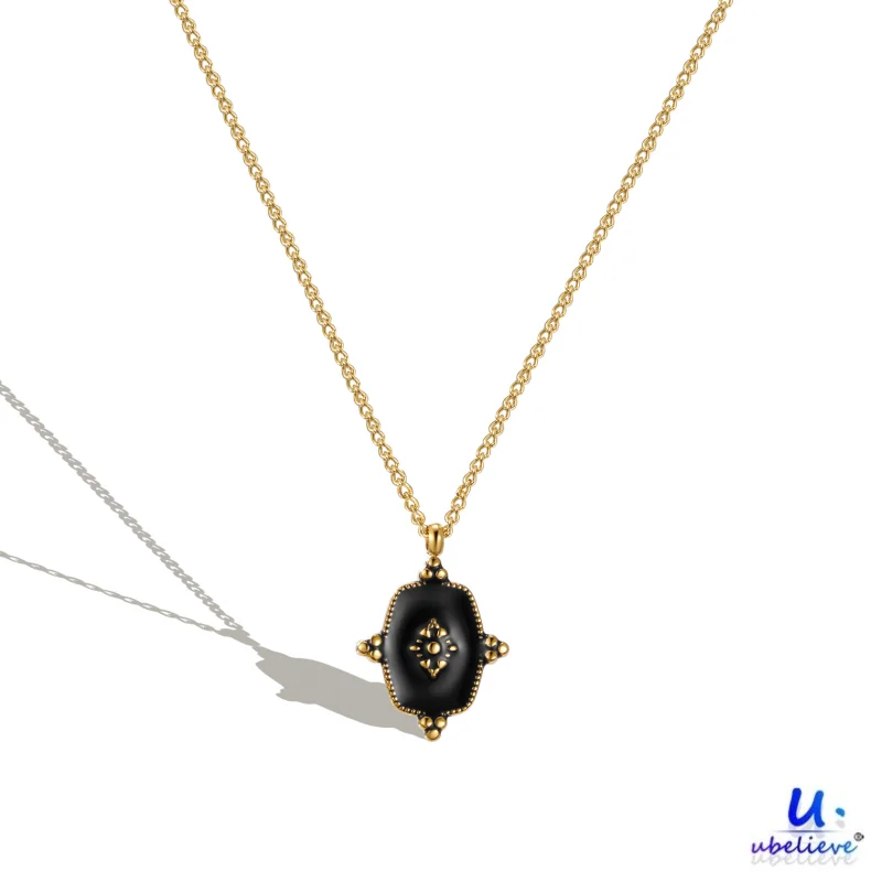 

French Vintage Baroque Style Drop Oil Black Eight-pointed Star pendant Necklace Jewelry Gift for Women/Girls