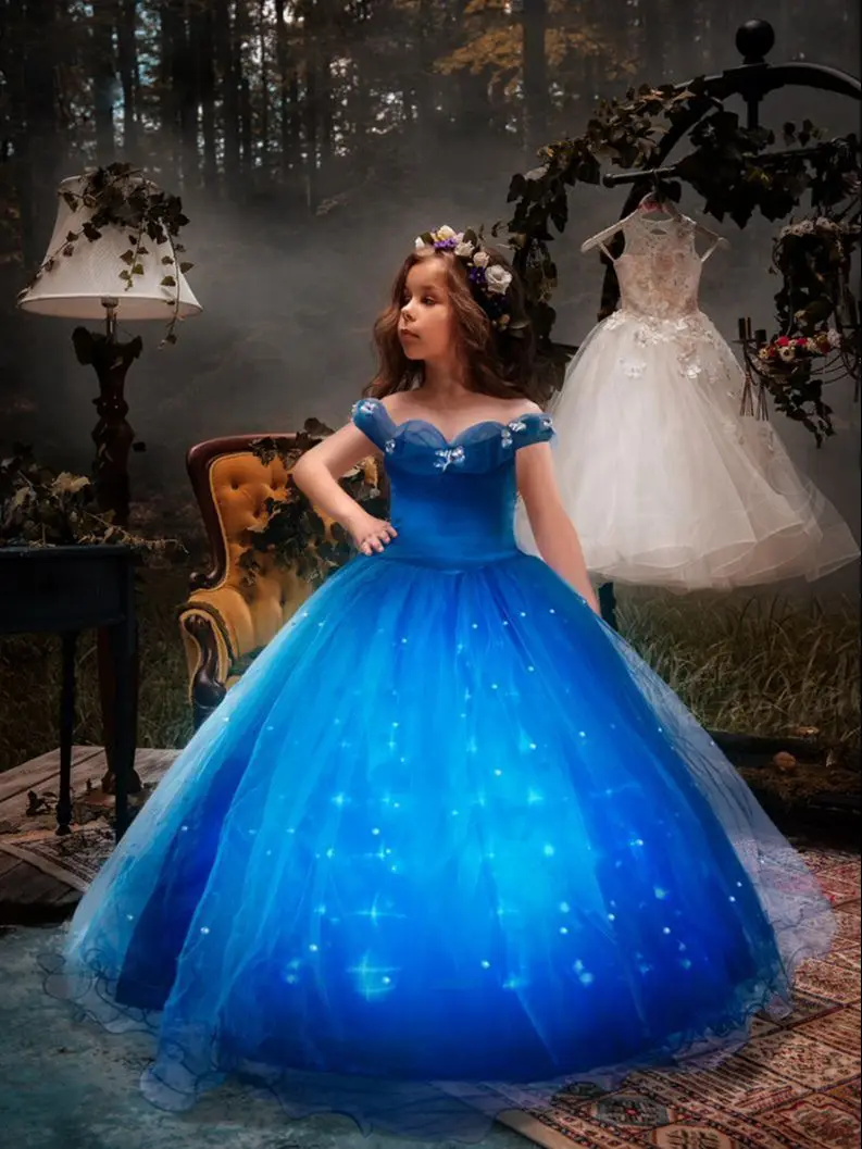 Uporpor LED Light Up Girls Cinderella Princess Dress for Halloween Birthday Party Cosplay Girl Costume Kids Fancy Blue Ball Gown