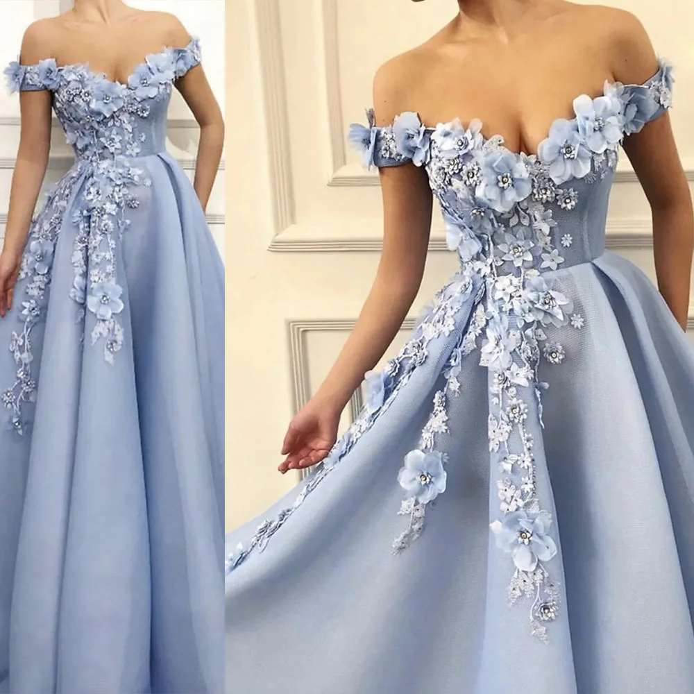 

Elegant Evening Dresses Floral Quinceanera Prom Gowns Floor Length Off Shoulder Short Sleeve Satin with Appliques Party Gown