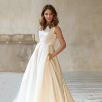 formal satin wedding party gown for bride cap sleeve long train backless scoop a line simple civil bridal dress robe de mariage