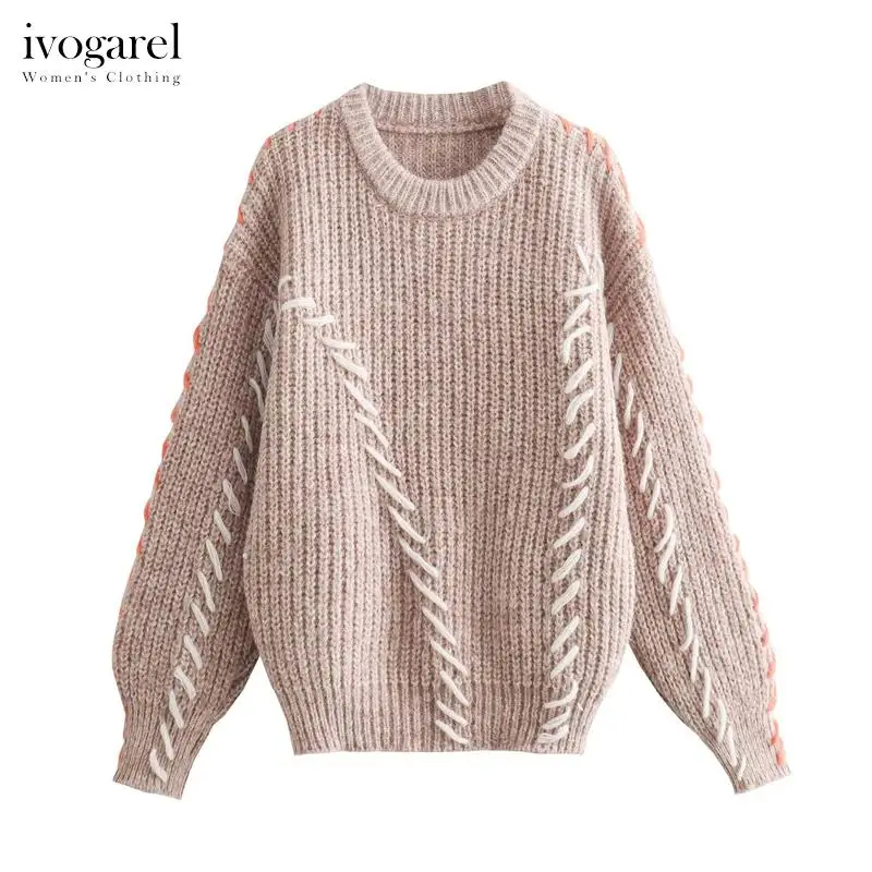

Женский вязаный свитер Ivogarel, повседневный Свободный пуловер контрастных цветов с декоративной веревкой и круглым вырезом, для зимы
