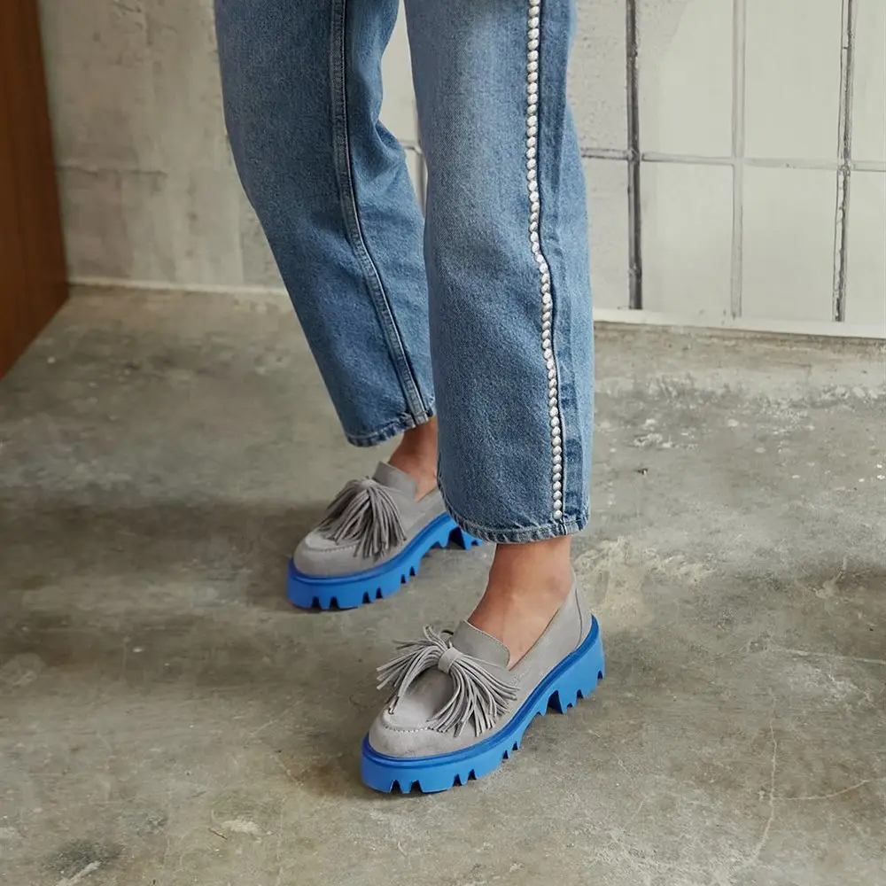Poll Genuine Leather Suede Thick Lightweight Eva Platform Flat Bottom Tassel Detailed Loafer Poshnmore Gray Sax Blue Pink Beige