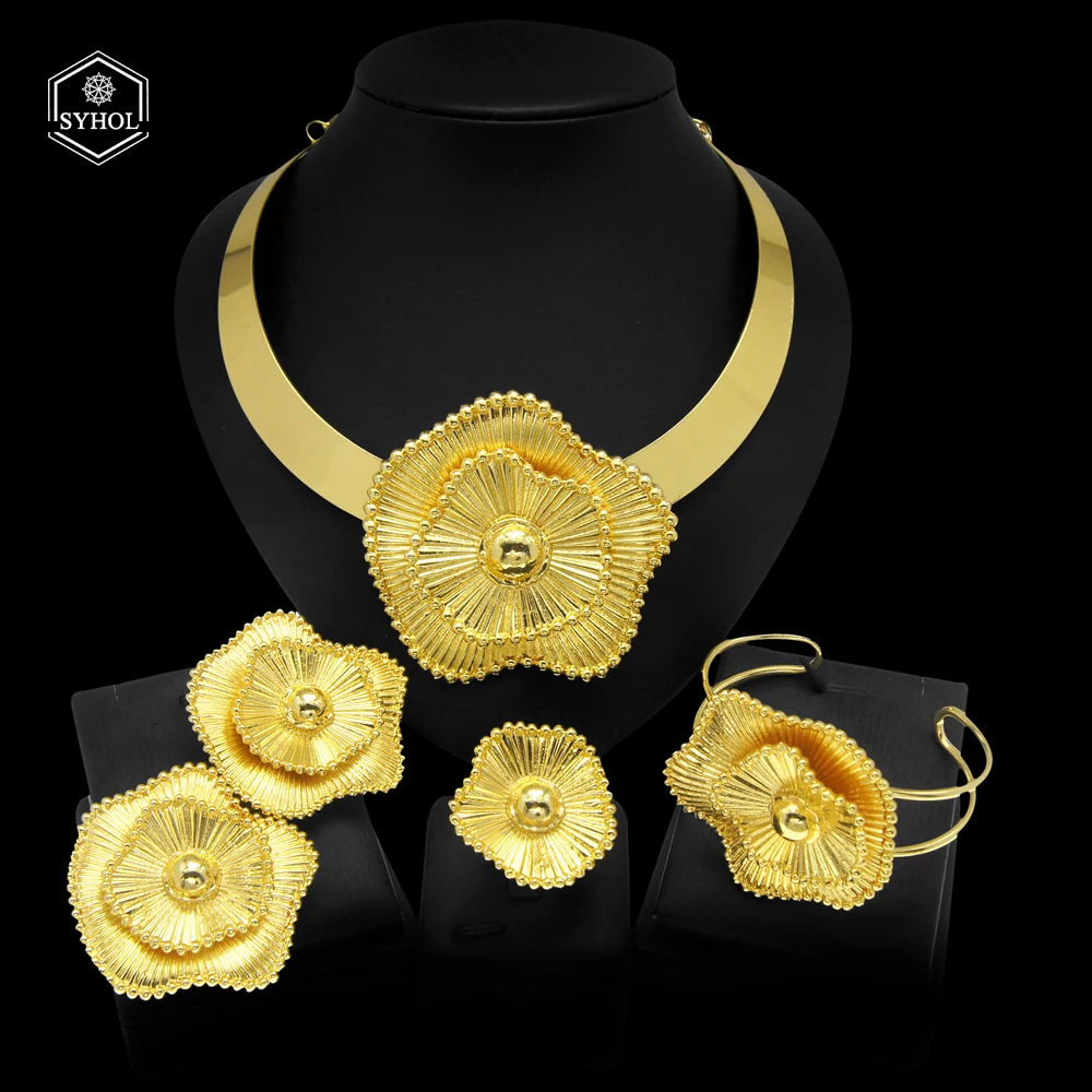SYHOL Brazilian Gold Style Woman Pendant Jewelry Set 24K Gold Plated Glossy Collar Flower Shape Earrings Bracelet Party Favor