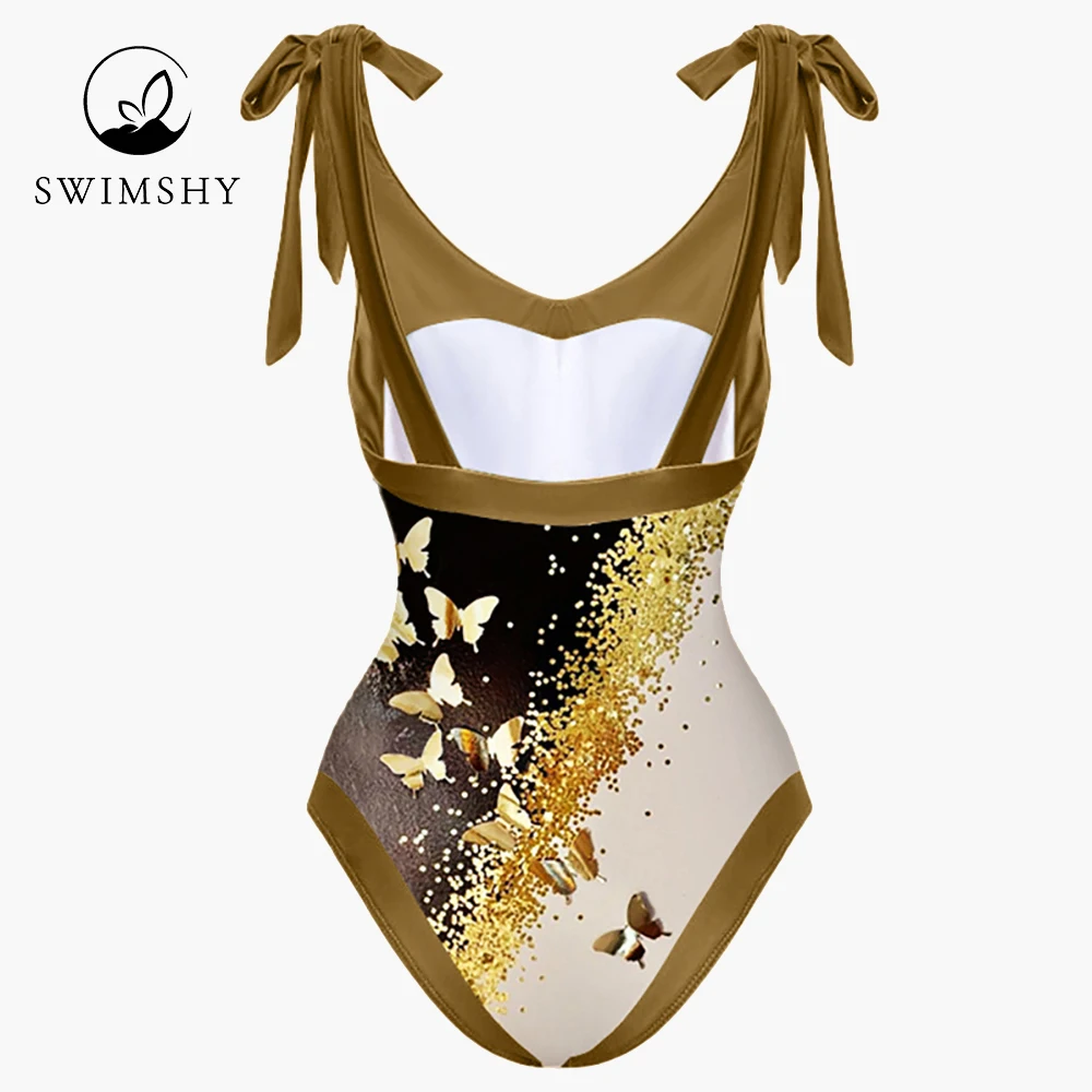 Sexy V-neck Colorblock Butterfly Print Bikini Fashion Chic One-piece Swimsuit Female Bathing Suit Summer Beachwear Backless Slim