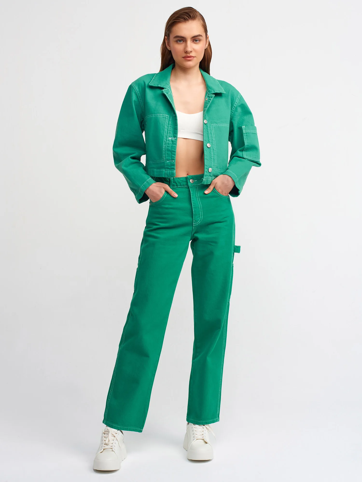 

Cargo Pocket Straight Jeans-Green Womens New Season 2022 Style Feel Different 100% Cotton