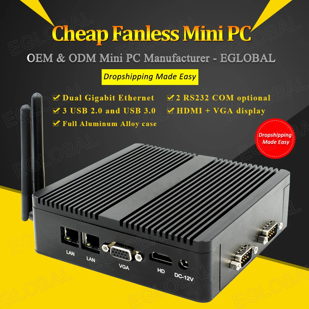 Eglobal Fanless Mini PC With Intel  J1900 Quad Core Windows 7 10 Linux Dual Nics Pfsense Router Firewall Server AES-NI WIFI