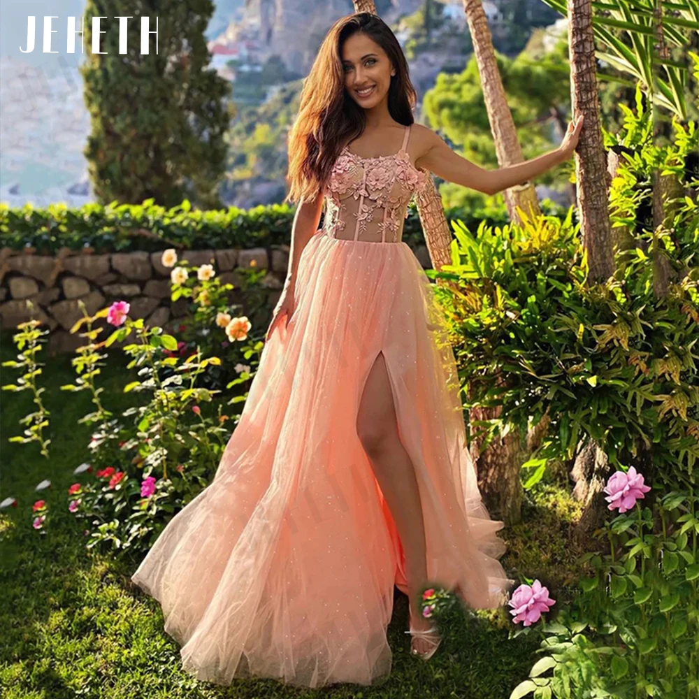 

JEHETH 3D Flowers Prom Dresses Sweetheart Pastoral Fairy Evening Spaghetti Straps Split Party Gowns Tulle Formal فساتين السهرة