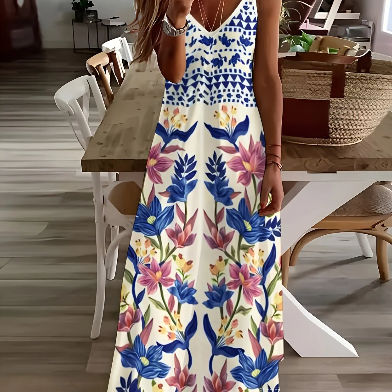 Женская длинная юбка с цветочным принтом и V-образным вырезом