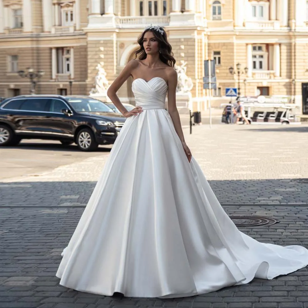 

Simple Bride Dresses Sweetheart Pleated Open Back Button Wedding Gown Sleeveless A-Line Sweep Train 2022 New Bridal Dress Custom