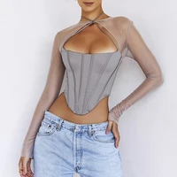 sexy see through mesh t shirts women gray patchwork long sleeve round neck bodycon female tops summer fashion streetwear