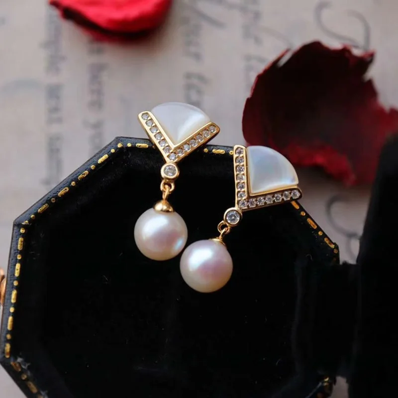 V Shape White Shell Freshwater Pearl Drop 18K Gold Tone Sterling Silver Dangling Earrings L1S2E41073