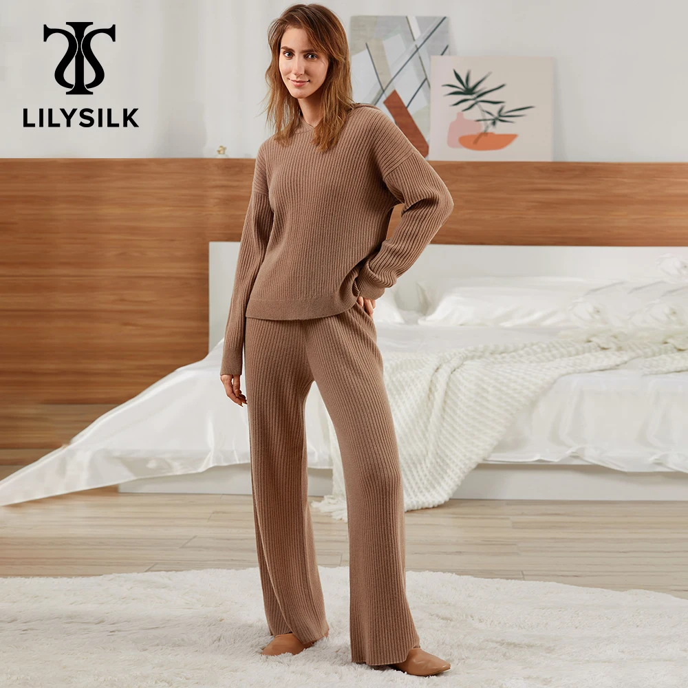 

LILYSILK Women Cashmere Pants 2022 Fall New Drawstring Wool Ribbed Full Length Trousers Lady Loungewear Bottoms Free Shipping
