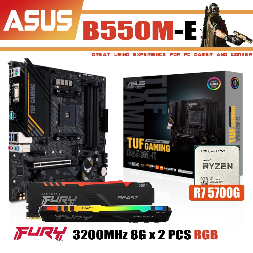 

NEW Kit ASUS TUF GAMING B550M-E AM4 Motherboard With AMD Ryzen 7 5700G Processor Fury RAM DDR4 3200MHz 8G x2 RGB Memory Combo