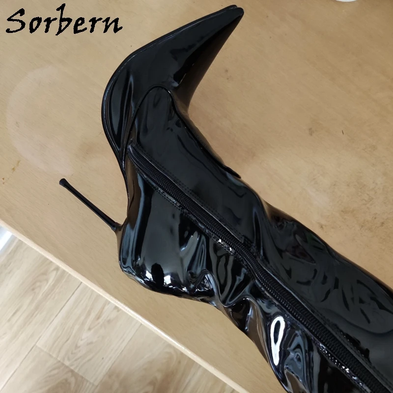 Sorbern Sexy Stilettos Metal Heel Boots Women Pointed Toe Mid Thigh High Patent Leather Long Boot Female Shoes Customized Legs
