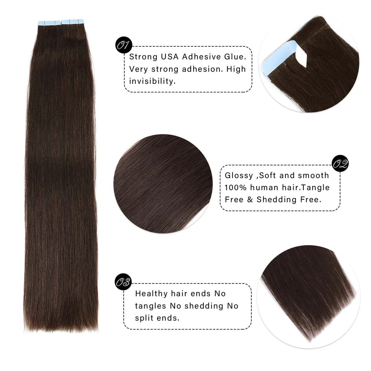 Audelami Tape In Hair Extensions Человеческие волосы # 2 темно-коричневых человеческих волос Remy