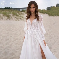simple tulle a line wedding dress with puffy sleeves grace v neck vestido de novia beach tulle sweep train vestidos de novia