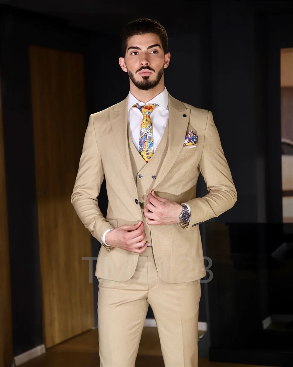 

Latest Luxury Champagne Mens Suit Set Slim fit Groomsmen Groom Wedding Dress Tuxedo Fashion Designs Party Stage 3 Pieces