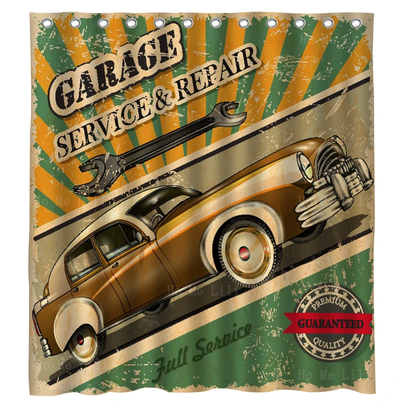 

Brown Vintage Car Ads Poster Route 66 Garage Repair Service Retro Shower Curtain With Hooks By Ho Me Lili For Bathroom Decor