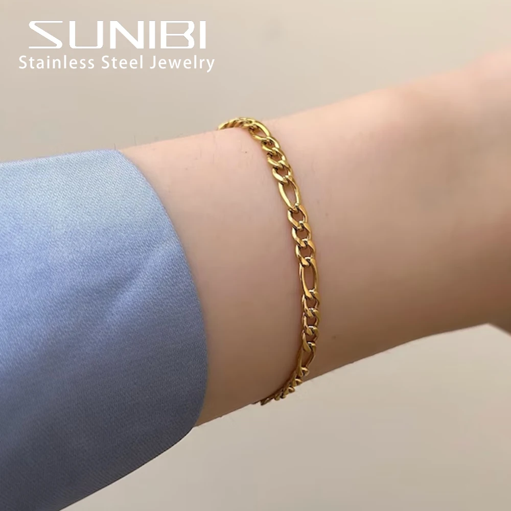 

SUNIBI Stainless Steel Bracelet for Women Gold Color Charm Fashion Figaro Link Chain Bracelets Jewelry Wholesale/Dropshipping