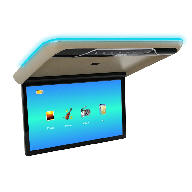 22-дюймовый автомобильный монитор на крыше 1080P с откидным экраном, мультимедийный видеопотолочный дисплей на крыше с 16-цветным окружающим освещением HDMI FM