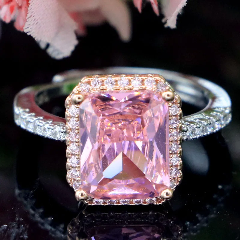 

12x10mm SheCrown Lovely Cute Pink Kunzite White CZ Women Daily Wear Ajustable Silver Rings 6-9