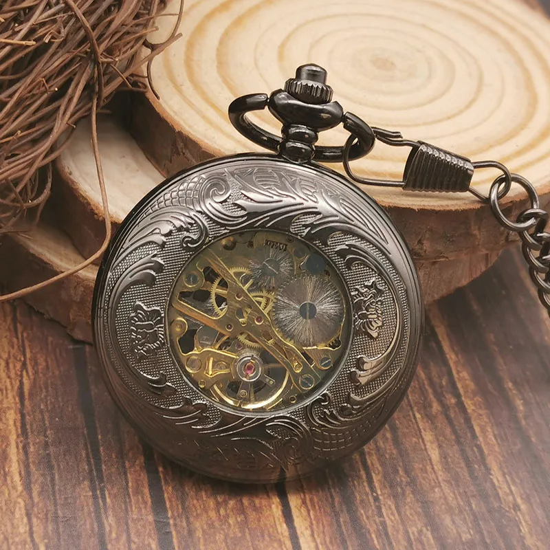 Luxury Black Antique Vintage Pocket Watch Mens Mechanical Manual Winding Steampunk Necklace Pendant Strap Chain Clock Gift