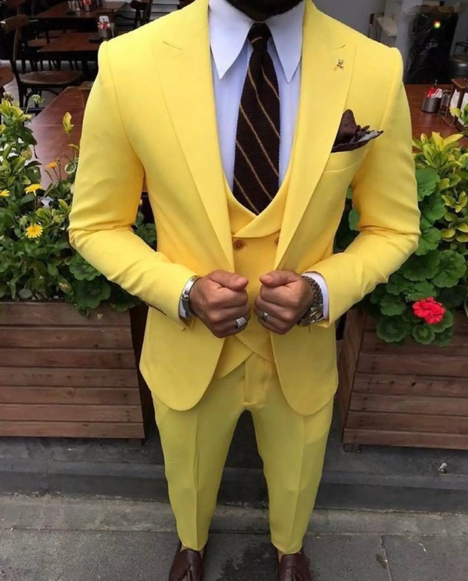 Yellow Slim Fit Suits For Men Casual Wedding Tuxedo For Bridegroom Elegant Latest Three Piece Jacket+Pants+Vest Trajes De Hombre