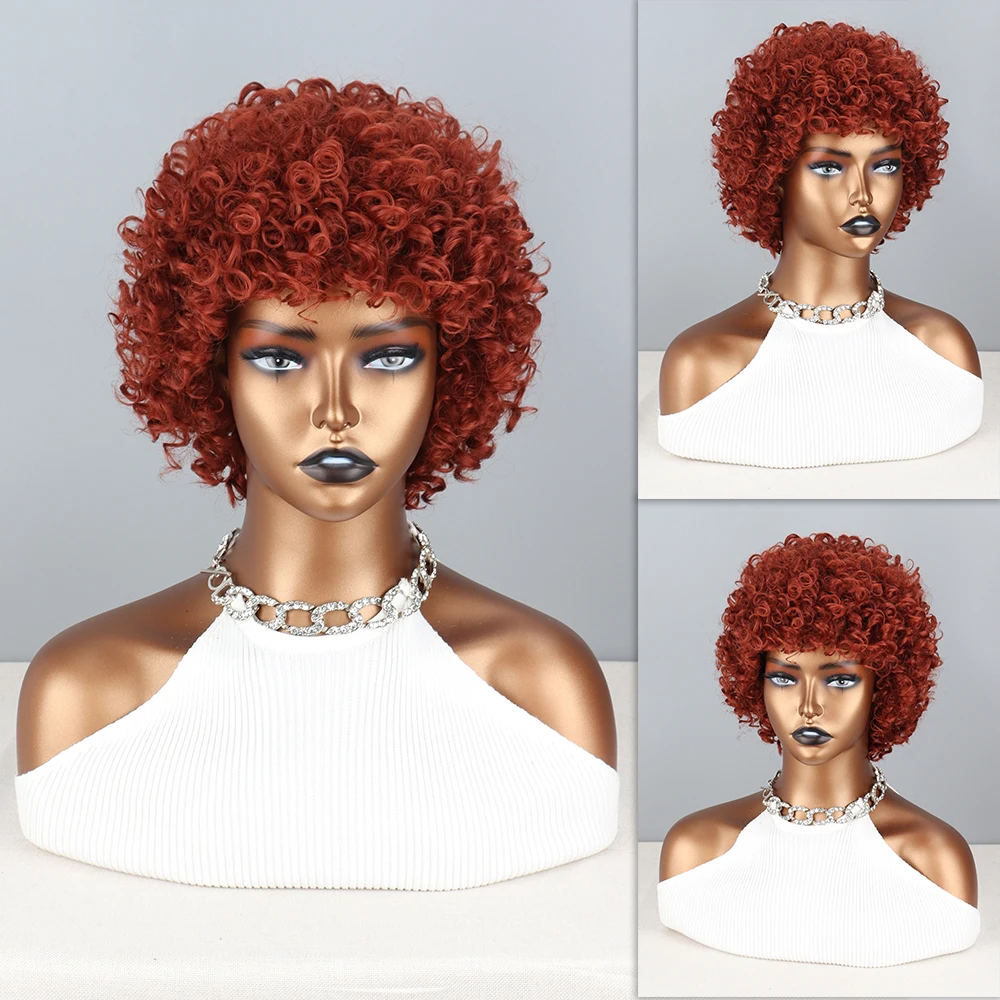 

Short Synthetic Hair Afro Kinky Curly Wigs With Bangs For Black Women African Synthetic Ombre Cosplay Ginger Natural Wig