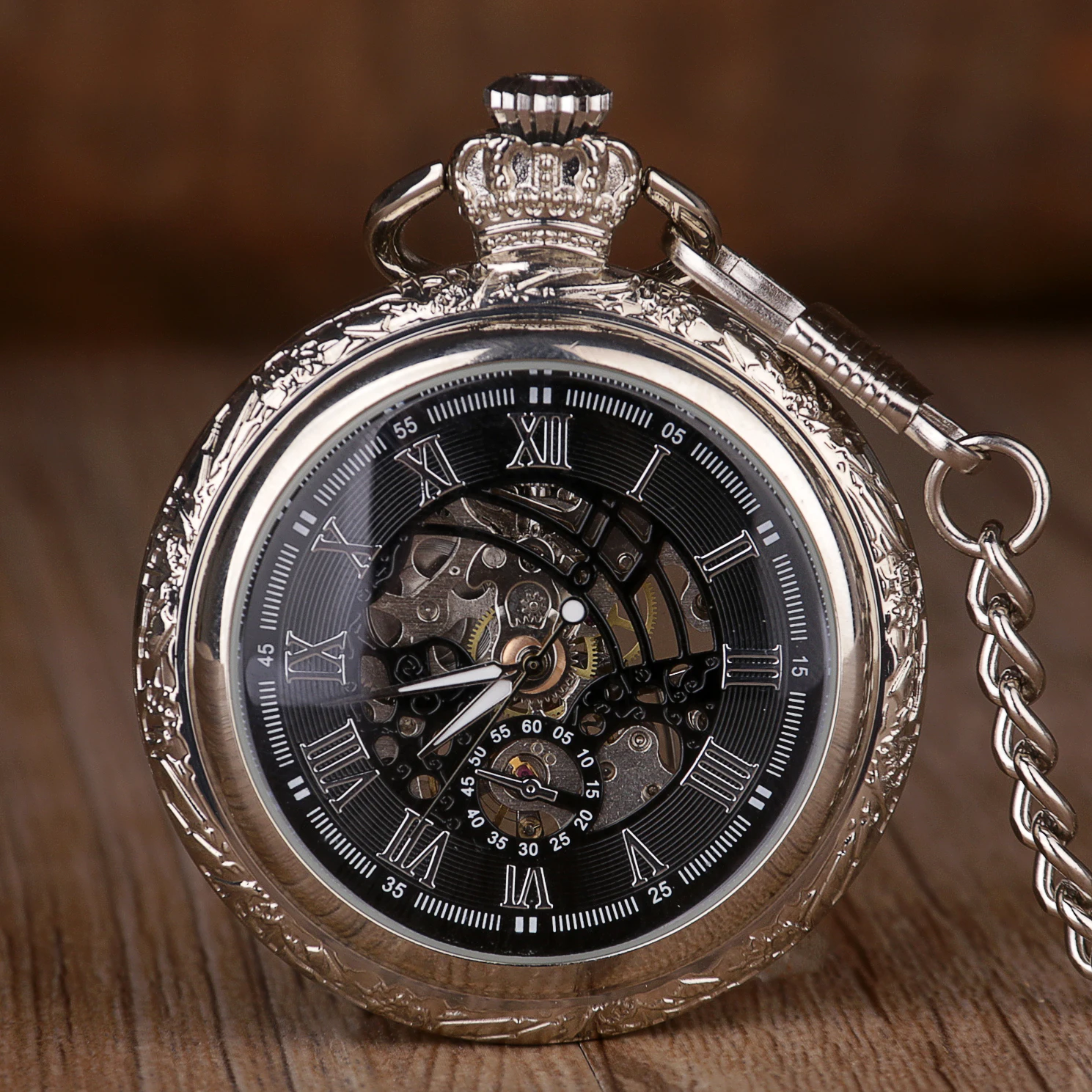 

Classic Silver Roman Numeral Dial Pocket Watch Mechanical Automatic Vintage Steampunk Chain Pendant Gift reloj de bolsillo