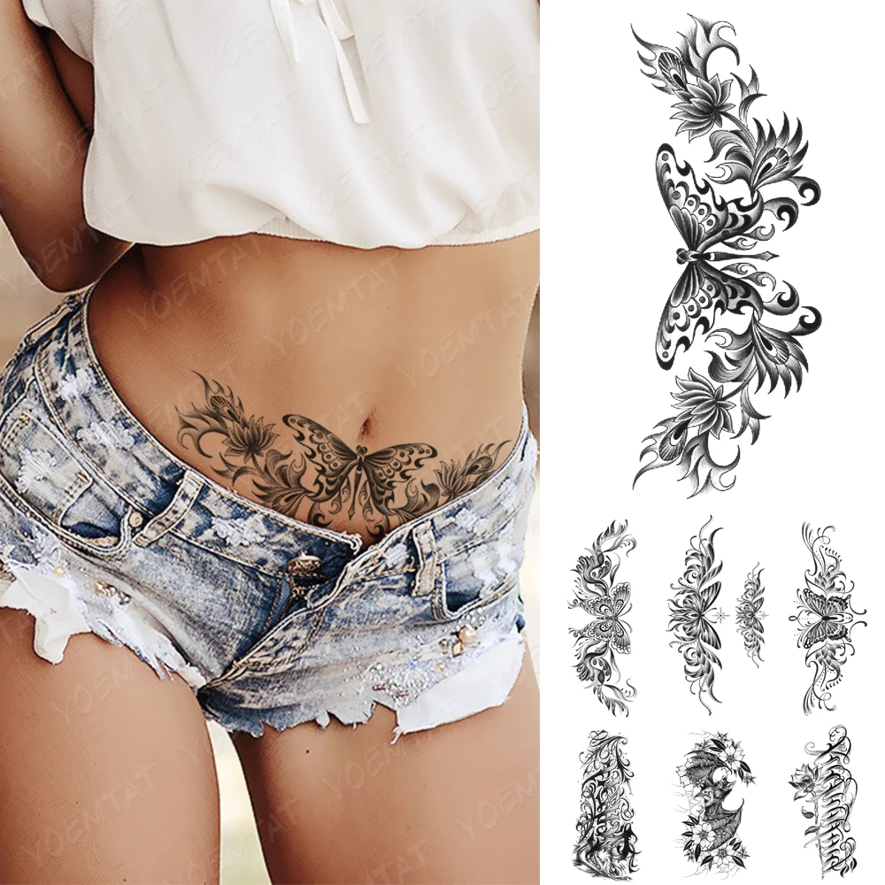 

Waterproof Temporary Tattoos Sticker Henna Butterfly Dragonfly Lotus Black Body Art Tattoo Chest Waist Women Men Fake Tatoo